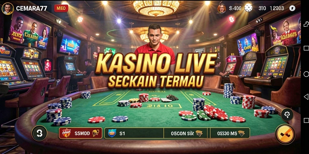 Screenshot CEMARA77 menunjukkan dealer profesional dan gameplay yang menegangkan.
