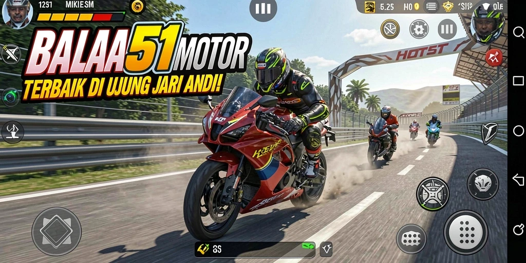 Tampilan gameplay HOT51 dengan berbagai motor dan trek balapan.