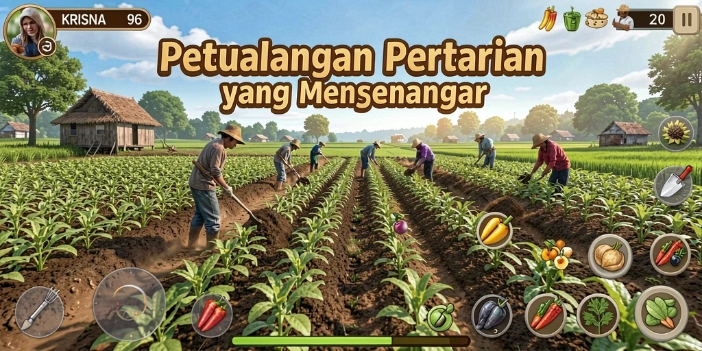 Screenshot KRISNA96 menampilkan aktivitas bertani yang menyenangkan.